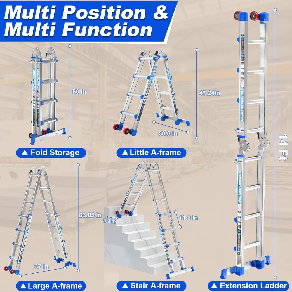 A-Frame Ladder with Wheels & Stabilizer Bar - 14FT Folding Extension Ladder, 330lb Security Load Multi Position Ladder