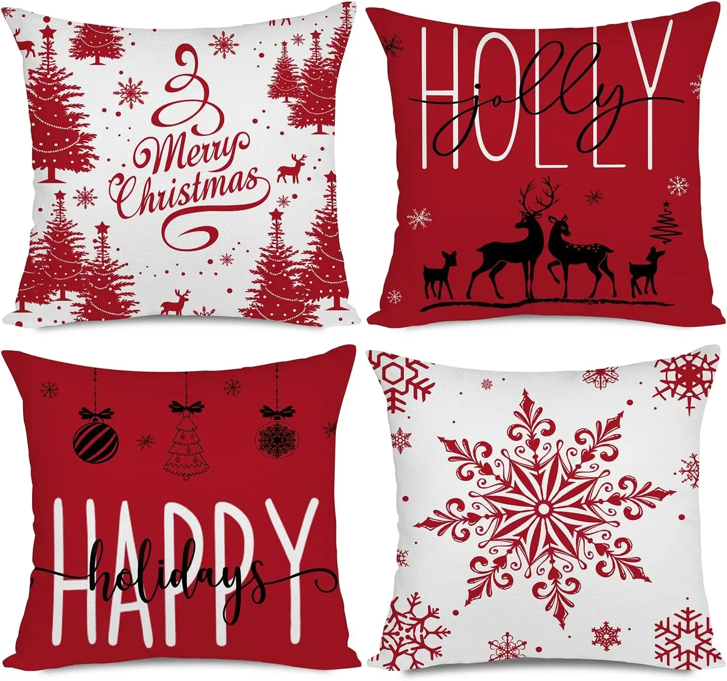 

Red Christmas Pillow Covers Christmas Decorations Happy Holidays Holly Jolly Snowflake Decor Cushion Cover for Couch Sofa