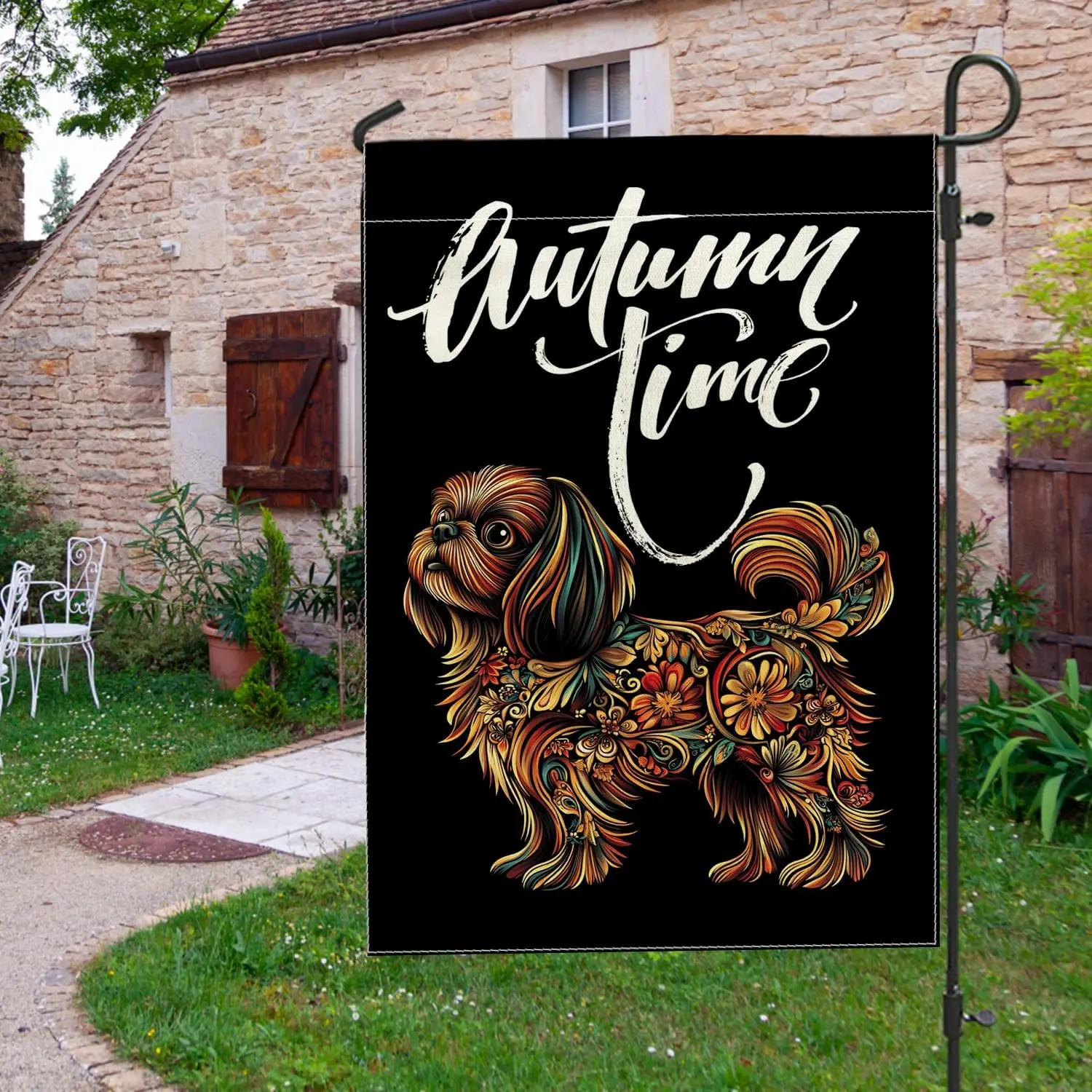 Fall Pekingese Dog Garden Flags 12x18 Inch Double Sided for Outside, Autumn Vintage Retro Flower Standard Canvas Outdoor Fla yyi