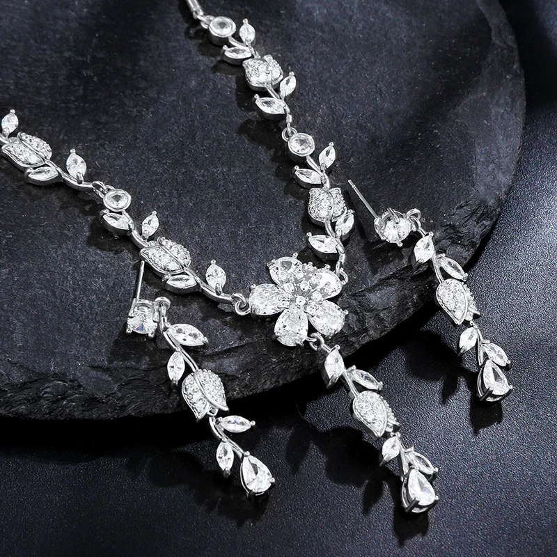 WEIMANJINGDIAN Brand New Arrival Floral Cubic Zirconia CZ Crystal Necklace and Earring Wedding Bridal Jewelry Set