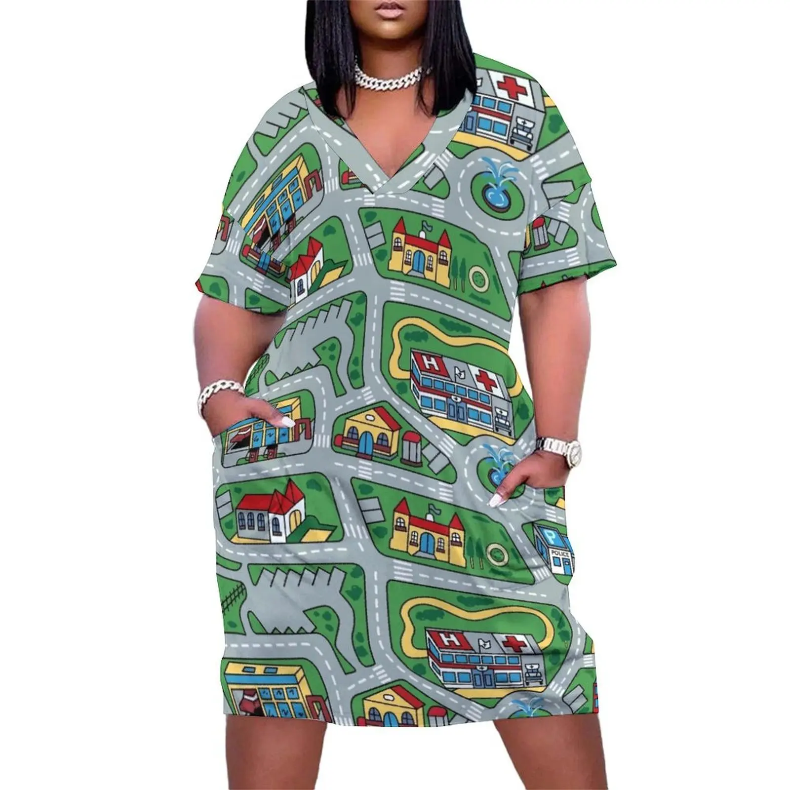 Samochód Miasto Dywan Dywanik drogowy 90s Nostalgiczna zabawka Luźna sukienka z kieszeniami strój festiwalowy kobiety Sukienka druhny kobieta