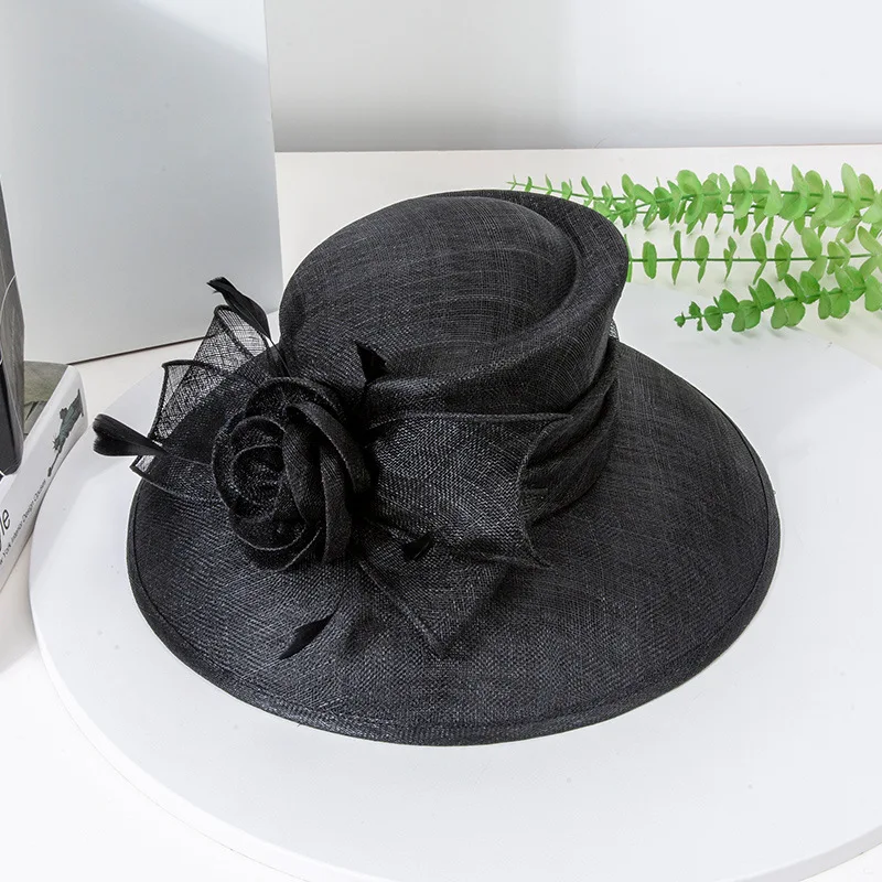 

New High quality Luxury Blue Sinamay Church Hat For Women Elegant Feather Wedding Bridal Bowler Hats Cocktail Party Derby Caps