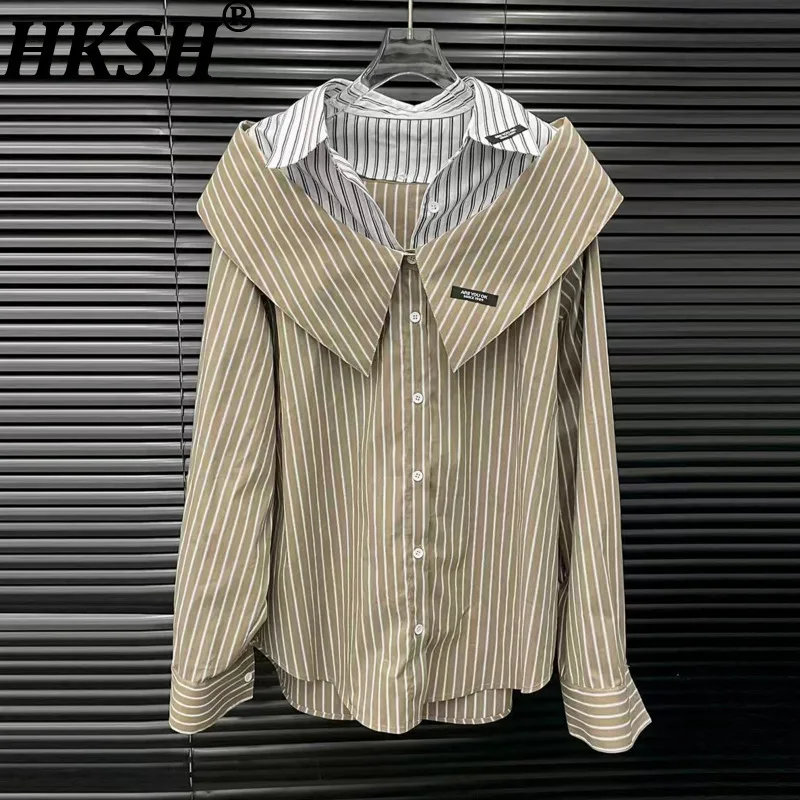 HKSH Spring Autumn New Women Shirt Striped Single Breasted Long Sleeve Detachable Collar Spliced Off-Shoulder Ins Blouse HK13401