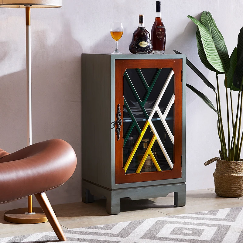 

Glass Small Wine Cabinet Simple Retro Living Room Solid Wood Side Cabinet Restaurant Curio Cabinet Locker Mediterranean Wall