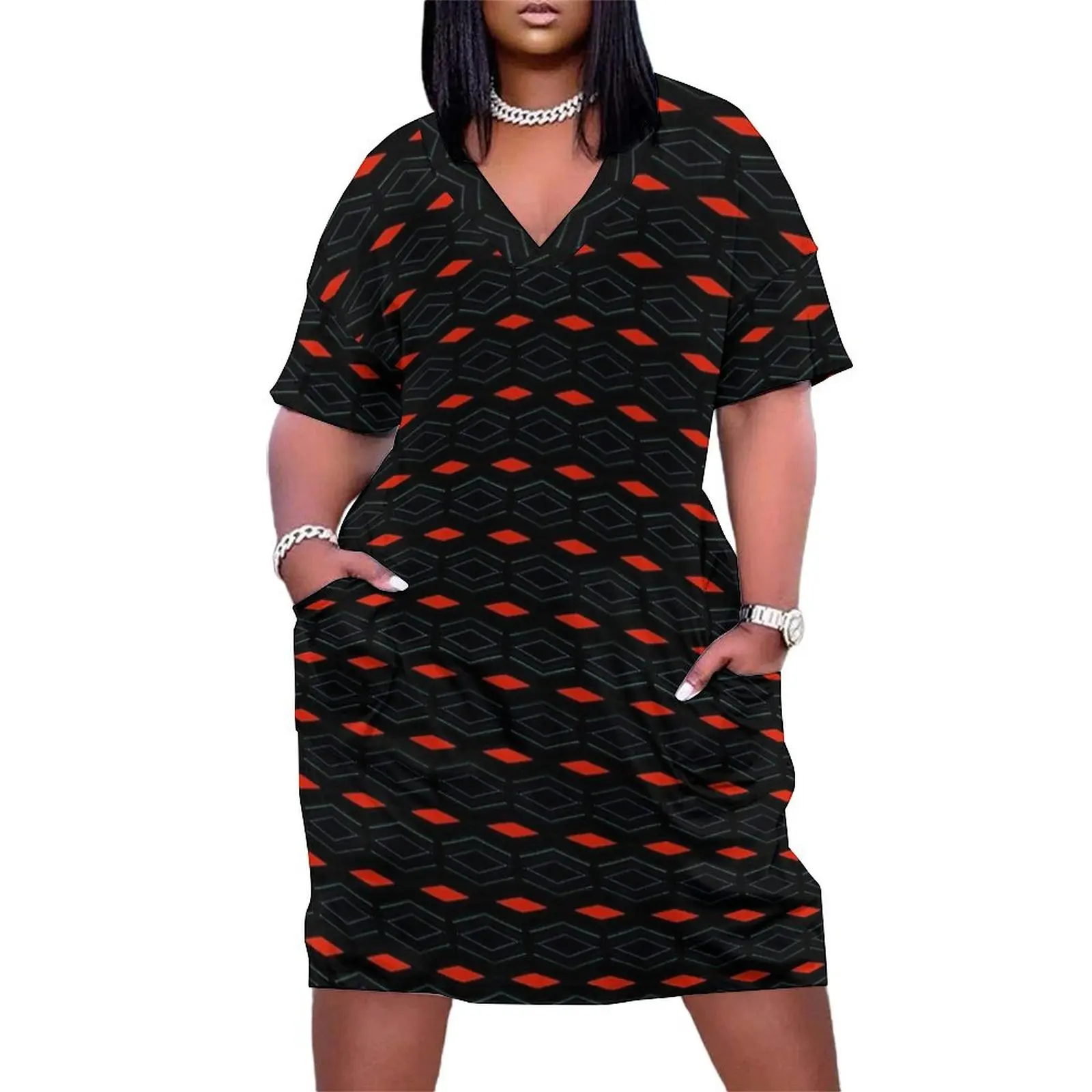 Geometric pattern native seamless w/ red diamond shapes- Design: VDX-Centric 004 (dark) by The Raumier Loose Pocket Dress