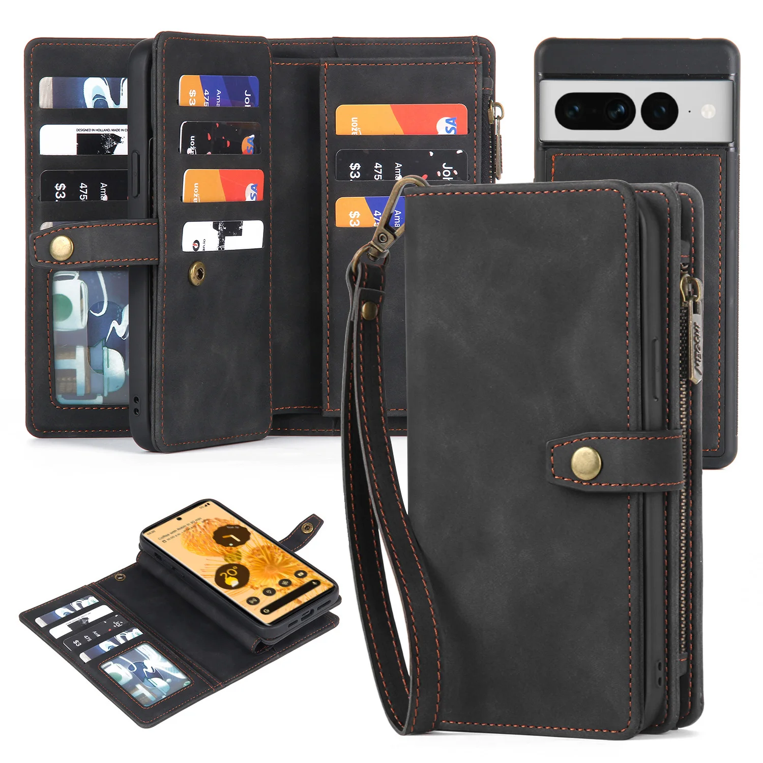 

Zipper leather wallet case for Google pixel 7 Pro, magnetic buckle, closed shockproof Phone case for Google pixel 7 Pro 6.7 inch