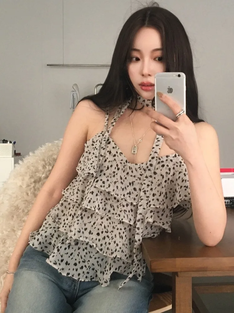 Top Corto Sexy con Estampado de Leopardo y Tirantes para Mujer, Ropa de Verano, Estilo Versátil con Cuello ter, Ideal para...