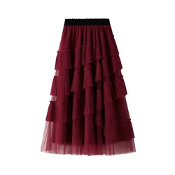 Spring Autumn Sweet Multi Layer Cake Tulle High Elastic Slanting Tiered A-line Female PartyPleated Long Mesh Skirts New 8552