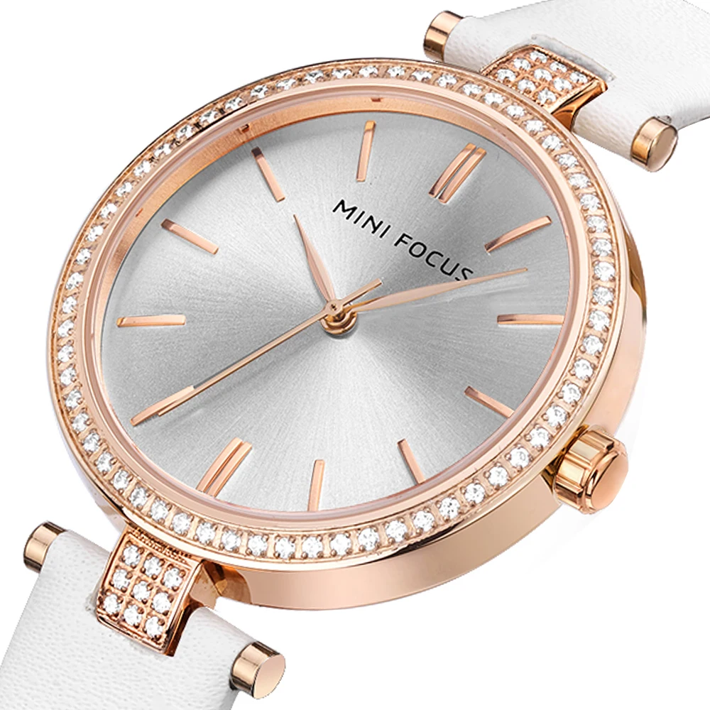 

MINI FOCUS MF0039L Women Luxury Dress Quartz Watches White Genuine Leather Strap Analog Hands Waterproof Ladies Watch