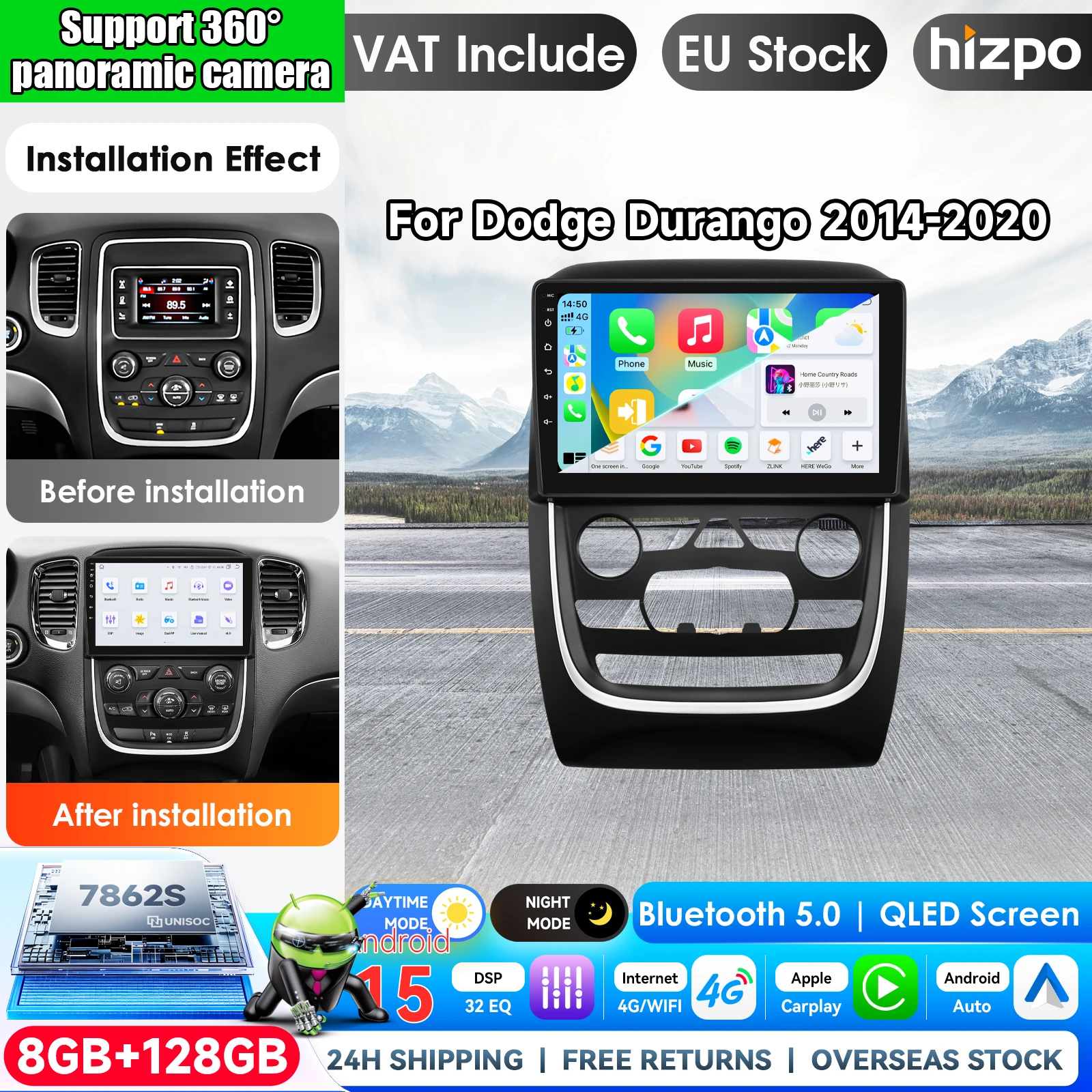 Pour Dodge Durango 2014 - 2020 Autoradio Navigation GPS Lecteur Multimédia Android Auto Stéréo Bluetooth 5G Wifi Sans DVD 2din Systèmes Intelligents Écran Tactile IPS Lecteur Vidéo Stéréo 2Din Unité Principale Navigation BT GPS 4G WIFI FM AM DSP RDS SWC Automobile