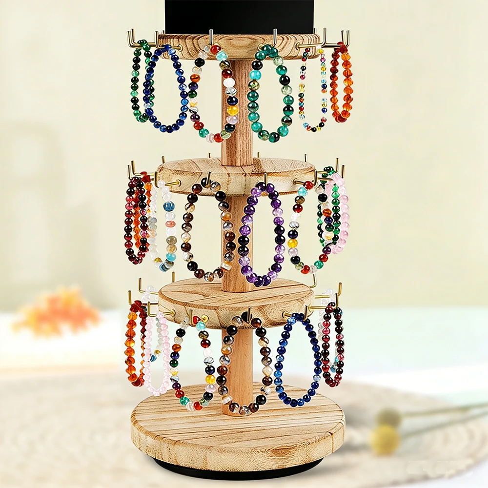 

360 ° Вращающаяся 3-ярусная деревянная подставка для ювелирных изделий, держатель для браслетов и ожерелий, стойка для хранения украшений с деревянным основанием
