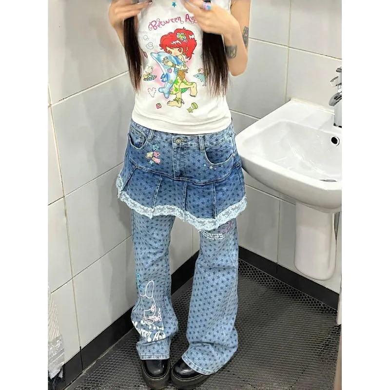 American Washed Lace Patchwork Fake Two-piece Skirt Pants for Women's Street Layering Design Slimming and Slightly Flared Pants