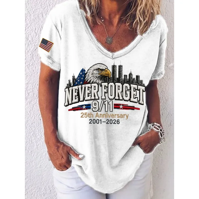 ilstile Women's America Anniversary Never Forget Print T-Shirts Summer Short Sleeve Casual Loose V Neck Tops Tee