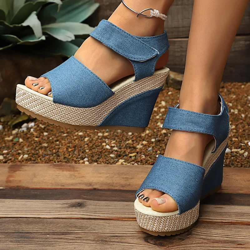 Blue Denim Wedge Sandals for Women 2026 Summer High Heels Platform Sandals Woman Plus Size 43 Patchwork Hook Loop Beach Shoes view 2
