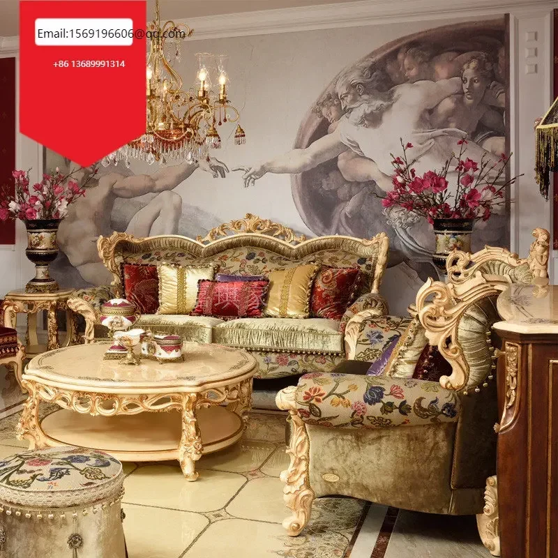 

Custom European sofa French all solid wood carved tea table high-end luxury villa living room combination