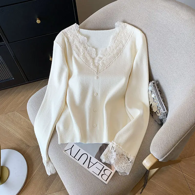 Women V Neck Lace Trim Knit Cardigan Long Sleeve Lace Cuff Button Slim Soft Casual Sweater Autumn Knitwear