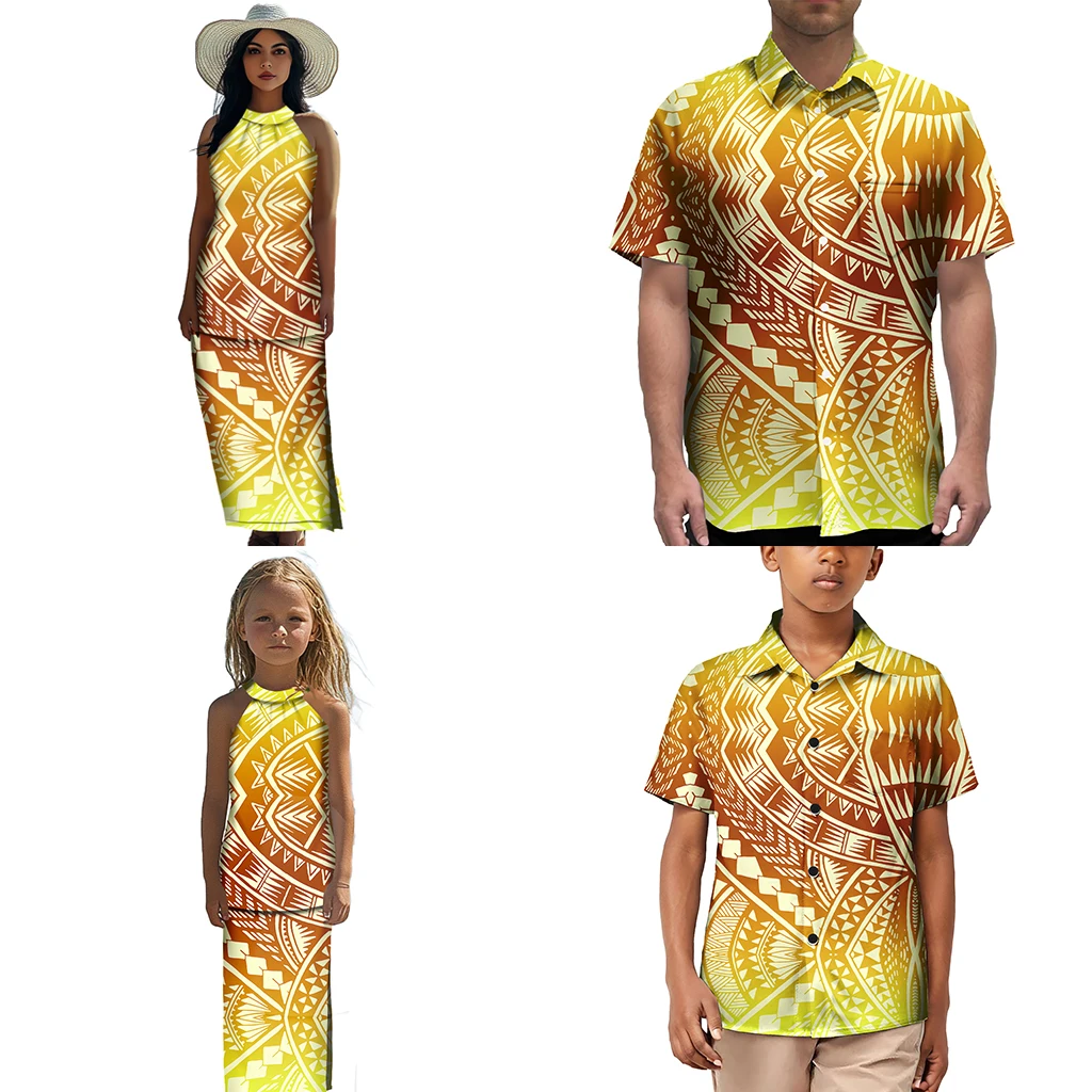 Ropa polinesia para madre e hija, trajes para papá e hijo, camisa hawaiana de manga corta a juego para la familia, conjuntos de ropa para niños