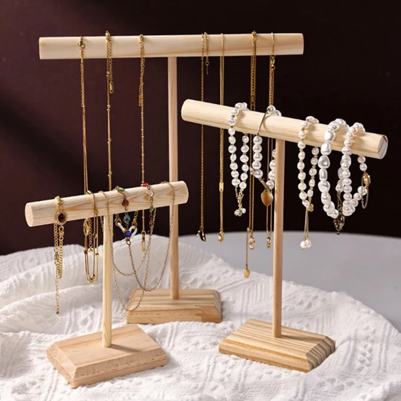Solid Wood T‑Bar Jewelry Display Stand Desktop Holder For Necklaces Bangles Beaded Bracelets Retail Shop Shooting Display Prop