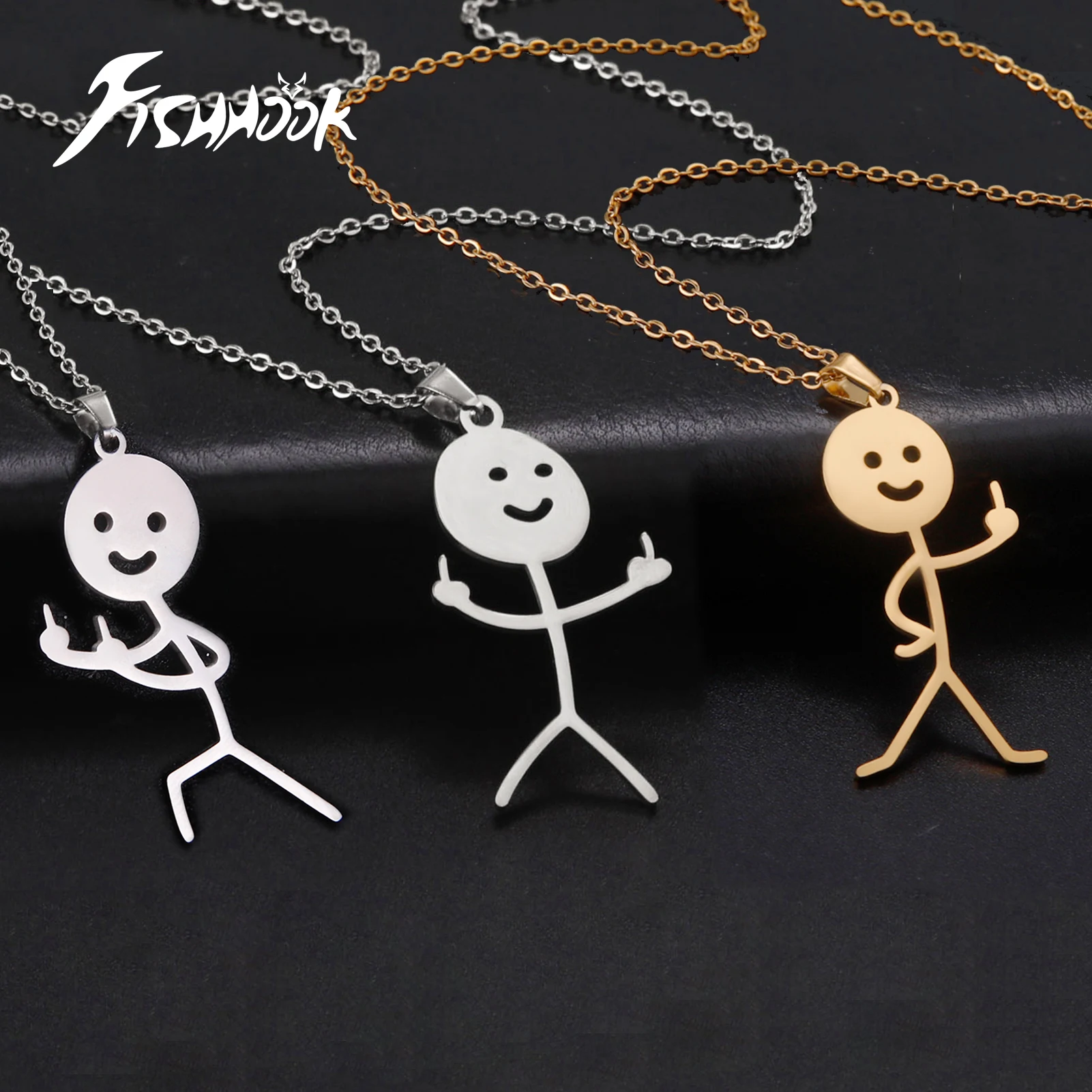 Fishhook Hip Hop Necklace Funny Doodle For Men Woman Kid Stickman Middle Finger Chain Rock Punk Pendant Jewelry Fashion