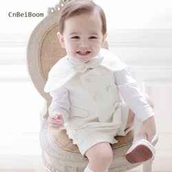 Children 4pcs Autumn Clothing Sets White Boys Formal Suits Vest Shirts shawl Shorts Bowtie Outfits Kids Birthday Boutique Dress