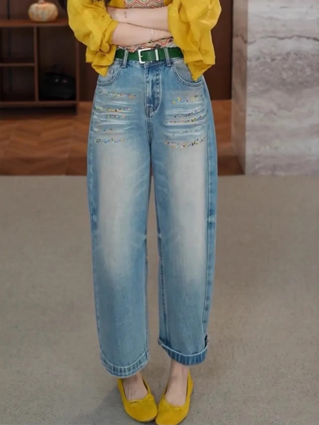 

Korean Style Heavy Duty Rhinestone Curved Knife Jeans Women's Summer Fashion Retro Design Belted Wide Leg Nine-Piece Pants