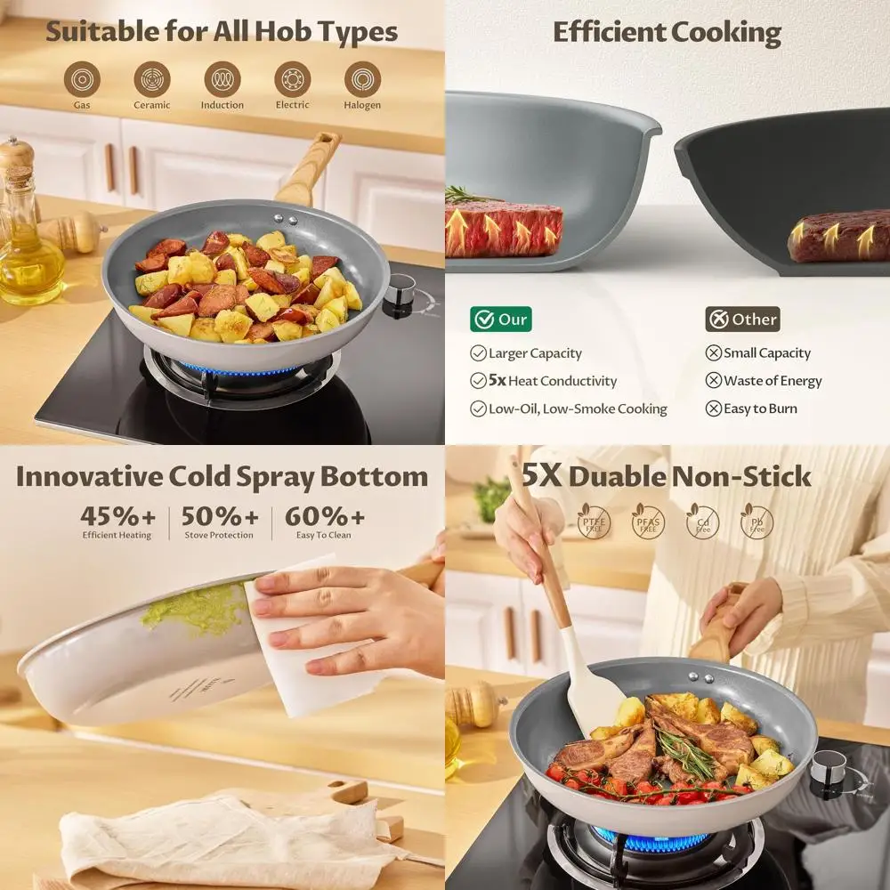 

5-Piece Nonstick Ceramic Frying Pan Set with Lids, Bakelite Handle, Induction Base, Chef's Pan, PFAS/PTFE Free, Induction Compat
