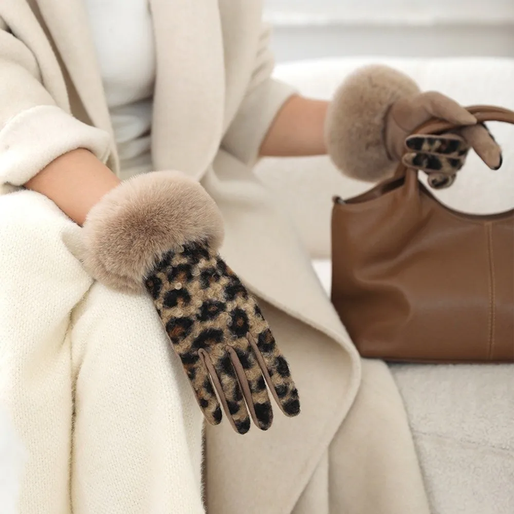 

Модные бархатные перчатки с леопардовым принтом, ветрозащитные женские перчатки с длинными пальцами, корейский стиль с флисовой подкладкой, зимние велосипедные варежки