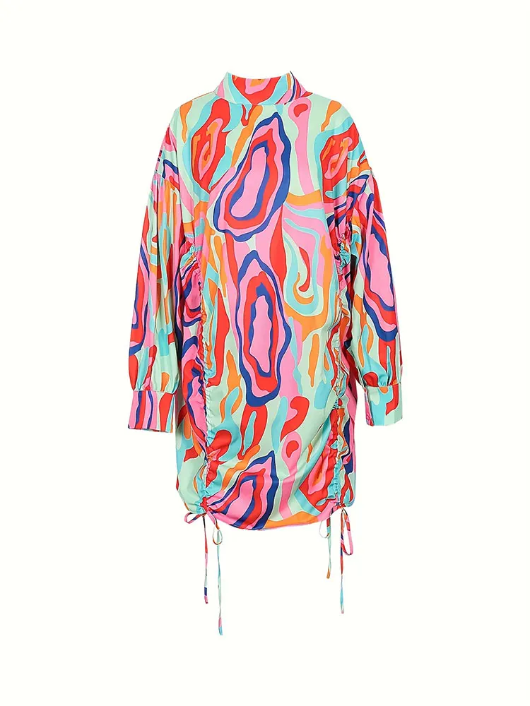 Plus Size Clearance Sale Stand-Up Collar Printed Puff Sleeve Mini Dress Colorful Side Drawstring Women Dress Party Evening Dress