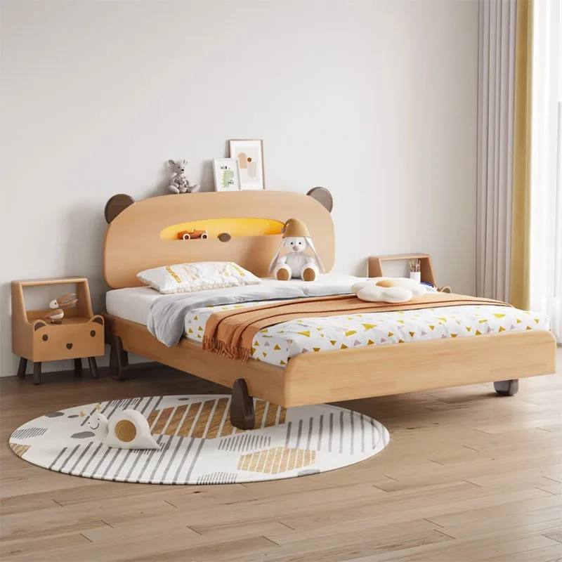 Modern simple solid wood bed log color bear night light storage bed small apartment 1.5 m children's anti-drop guardrail bed
