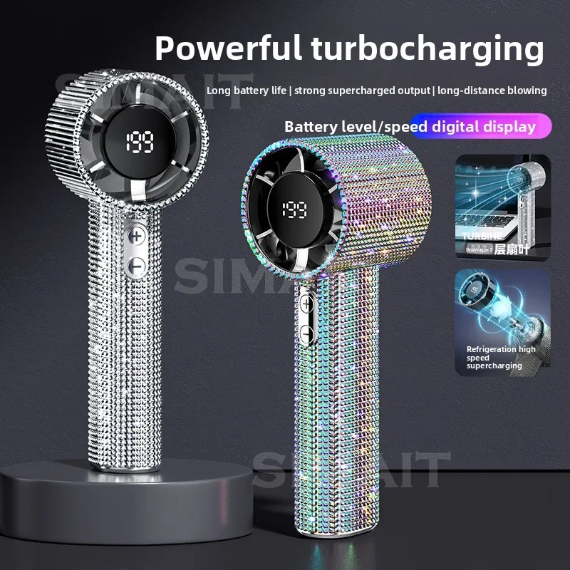 

199 Handheld Violent Turbine All-inclusive Diamond-encrusted Small Fan USB High-speed Digital Display Portable Long-life Fan