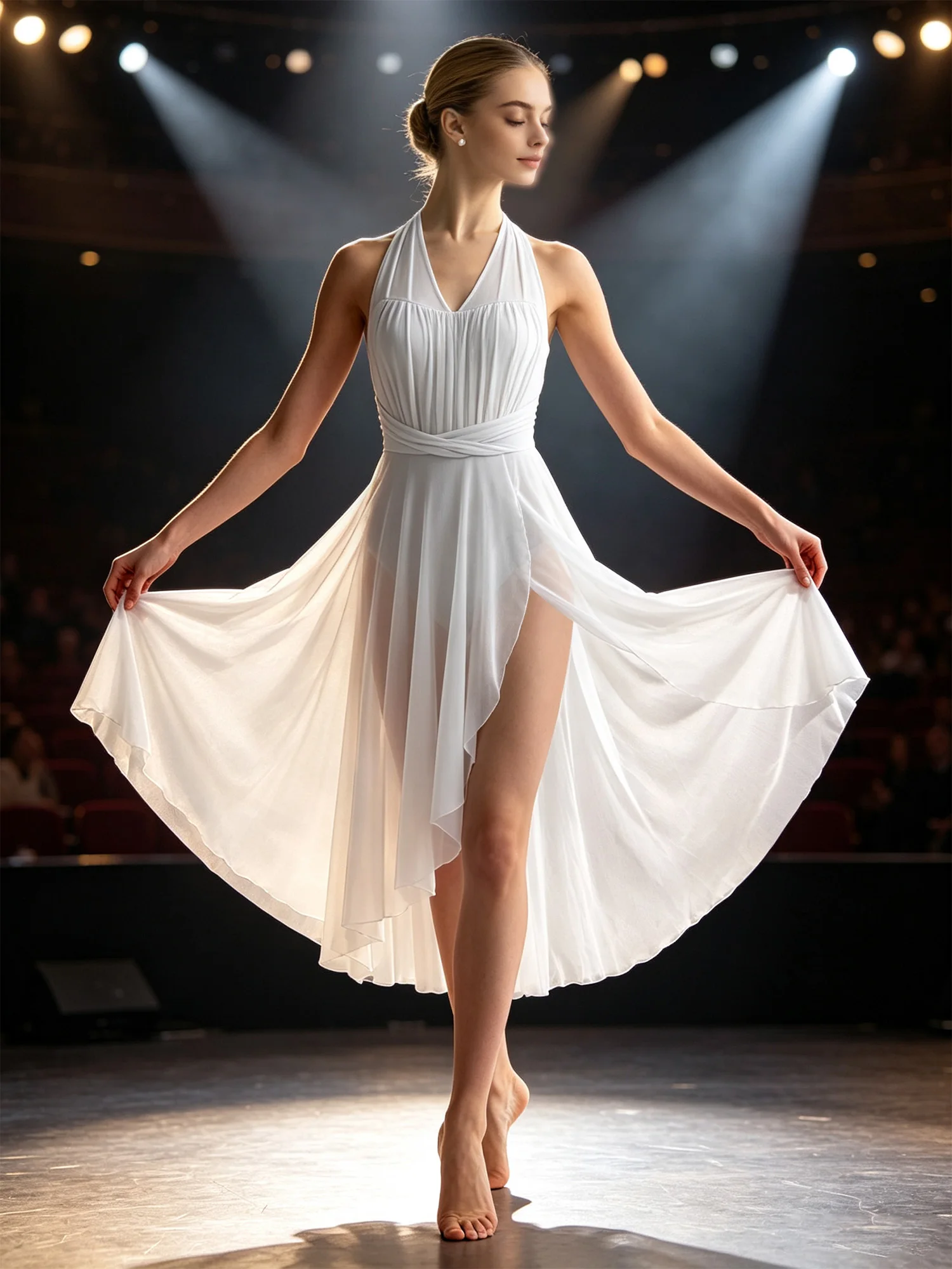 Women Sleeveless Ruched Sheer Mesh Split Hem Modern Leotard Lyrical Dance Dress Skating Gymnastics Ballet Acrobatics Dancewear