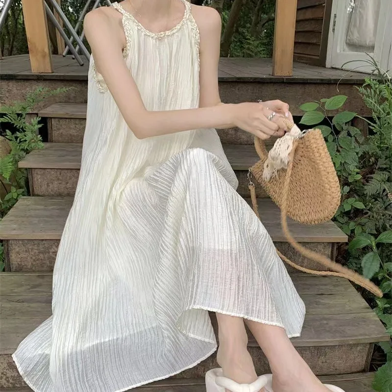 Summer Halter Sleeveless Women's Solid Bright Silk Distressed Pullover Casual Elegant Loose Office Lady Vintage Knee Dress