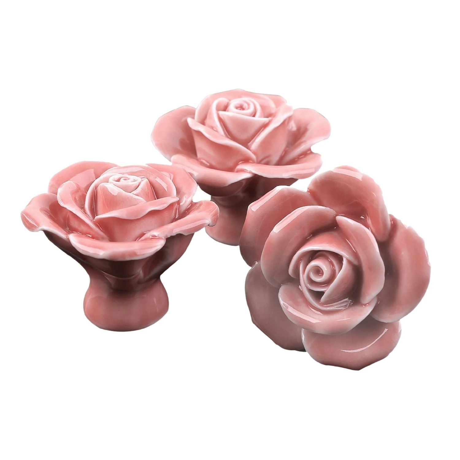 10 Pcs Ceramic Vintage Floral Rose Flower Door Knobs Handle Drawer Kitchen + Screws (Pink)