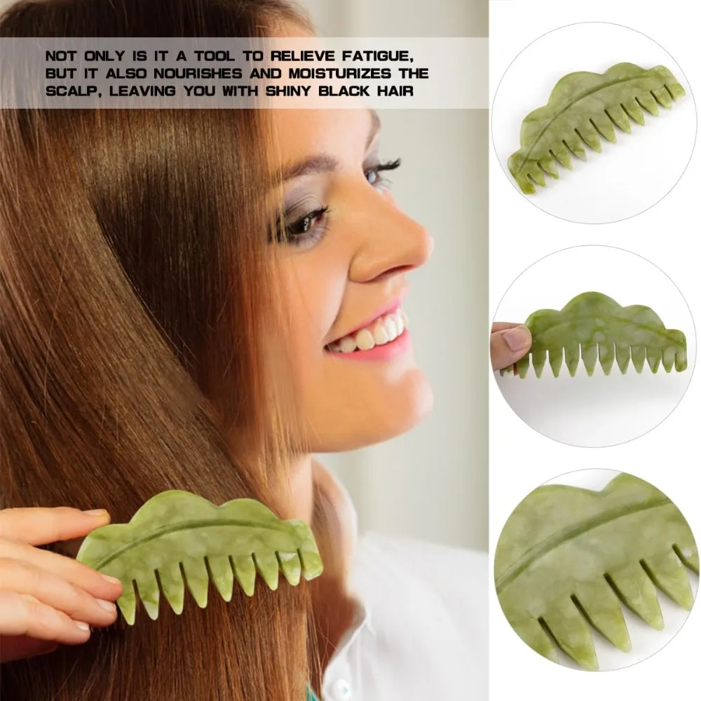 Nature Gua Sha Board Jade Massage Comb Spa Acupuncture Green Jade Comb Blood Circulation Scalp Hair Brush Beauty Tools