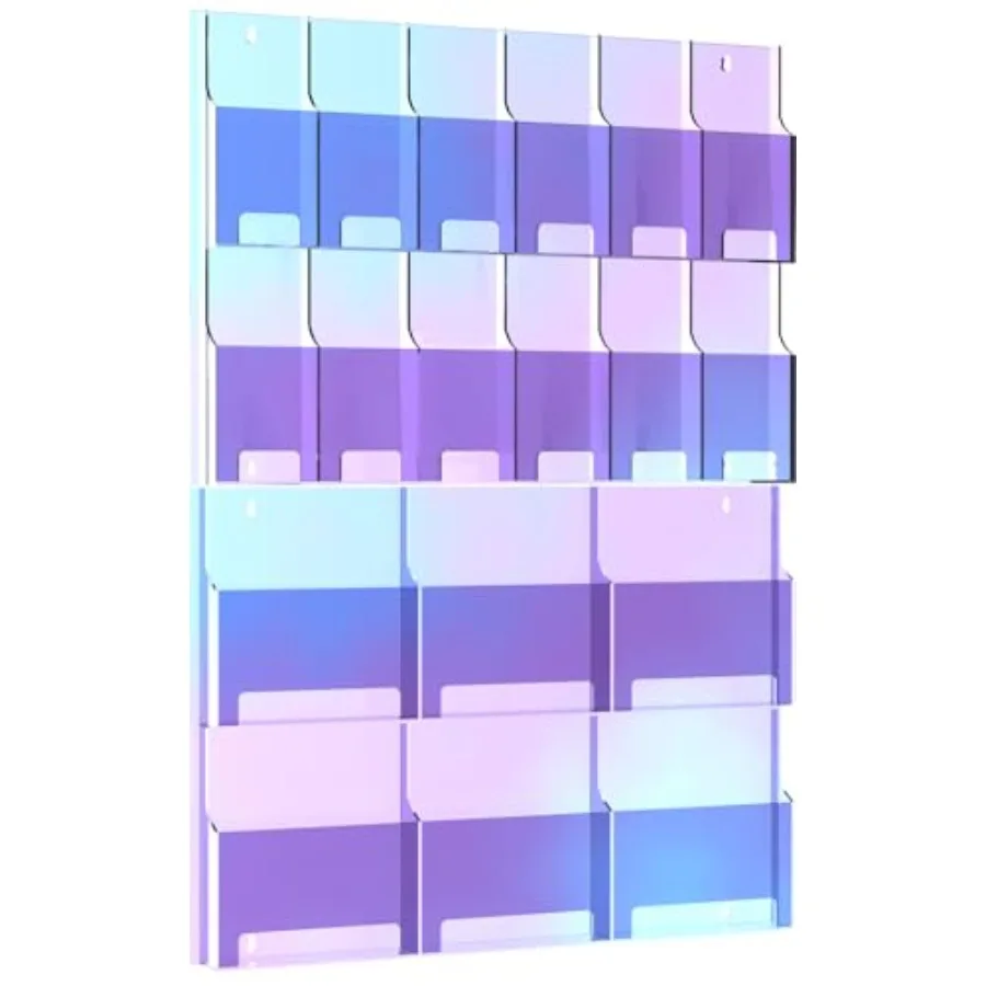 Soporte para folletos montado en la pared de acrílico iridiscente, 6 revistas y 12 soportes para folletos, estante de exhibición que cambia de Color, triple pliegue