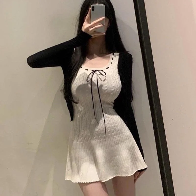 UK276 Damen-Strickkleid mit DString, U-Ne-Rock mit hoher Taille, A-Linie, süßer Sle-Sommer-Faion-Knoten