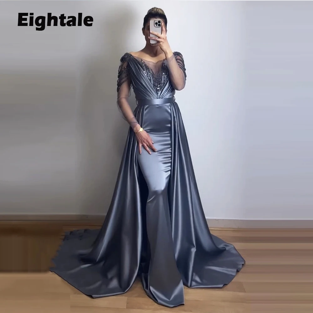 Eightale Gray Prom Dresses for Wedding Satin Beaded Long Sleeves Arabic Evening Gown Dubai Mermaid Party Dress robes de soirée