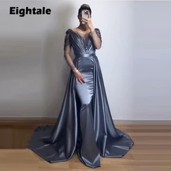 Eightale Gray Prom Dresses for Wedding Satin Beaded Long Sleeves Arabic Evening Gown Dubai Mermaid Party Dress robes de soirée