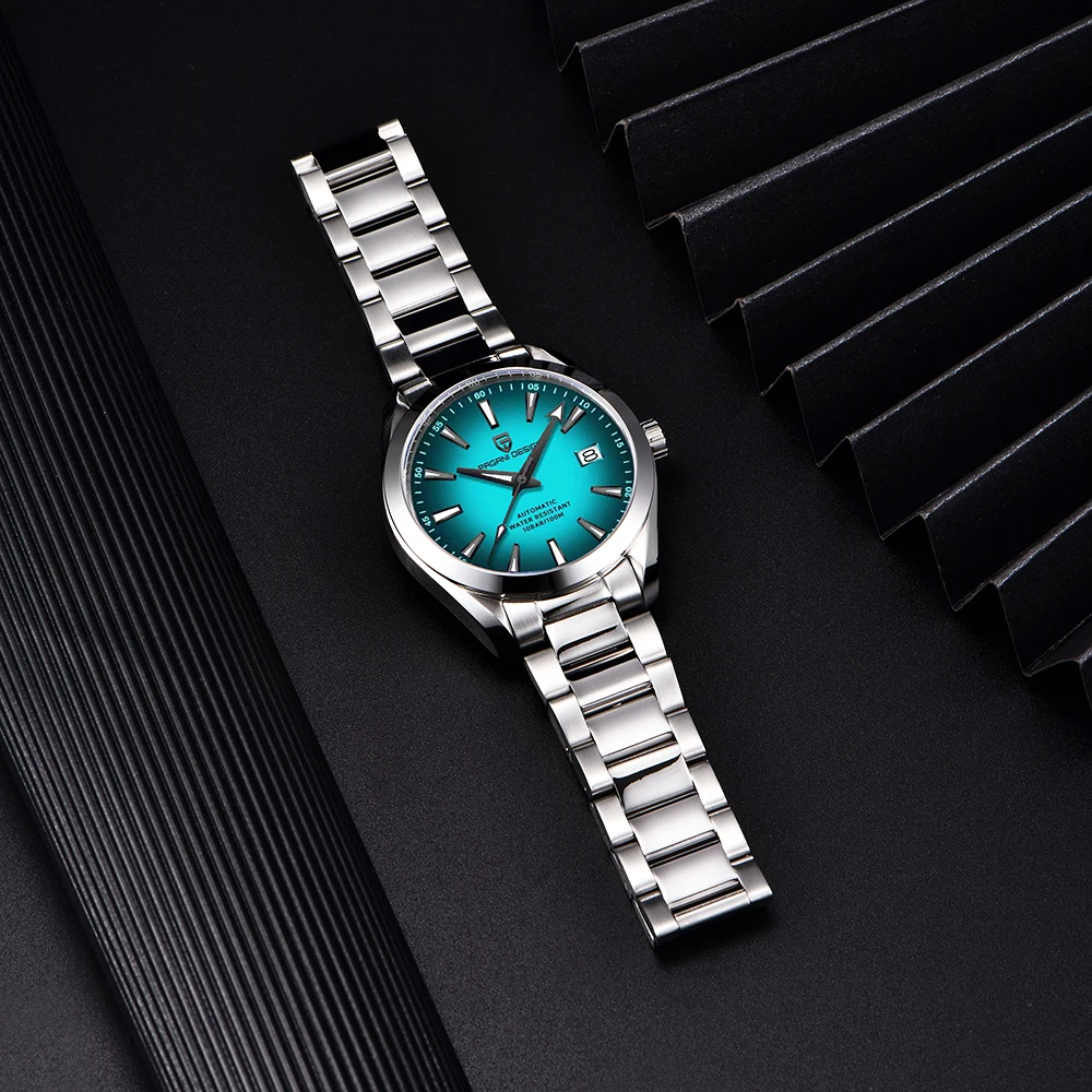 PAGANI DESIGN Men Automatic MechanicalWatch Stainless Steel Bracelet 100M Waterproof Luminous Date Business Dress Wristwatch+Box