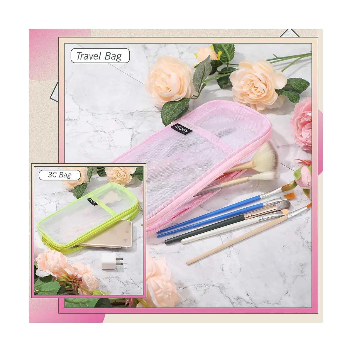 Grid Mesh Pencil Case com Zipper, Clear Pencil Pouch, Visible Pen Bag, Multi-Purpose, Transparent Makeup Bag, 4 Pcs