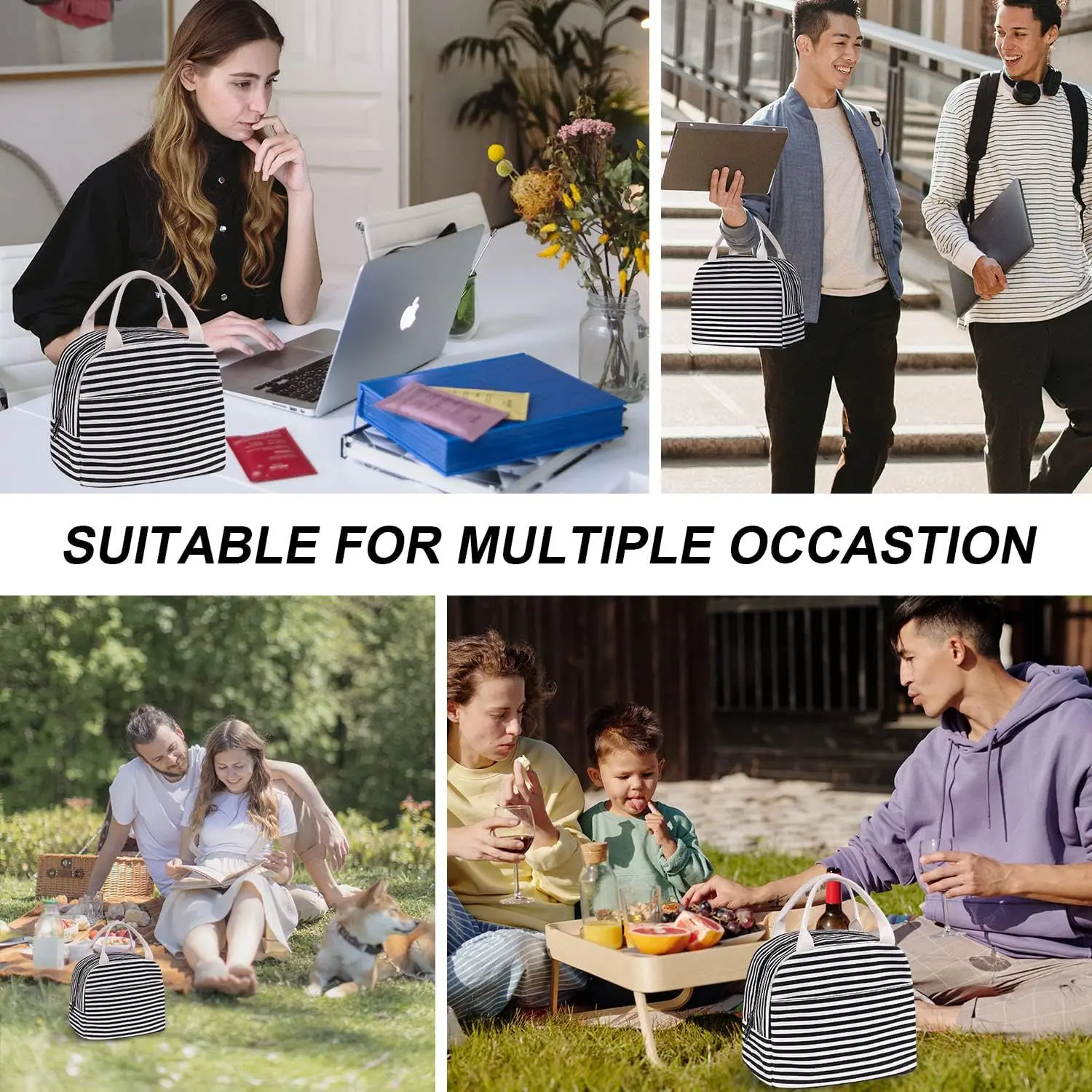 Canvas Lunch Tote Bag for Women for Work with Black and White Stripes, Reusable Insulated Meal Prep Preppy Lunch Box Bag