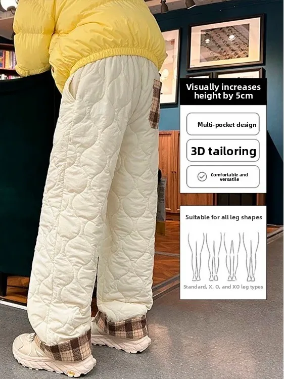 Pantalon d'hiver en coton pour femme, coupe ample, coupe ample, épissure à carreaux, coupe-vent, chaud, jambe droite, vêtements d'extérieur longs