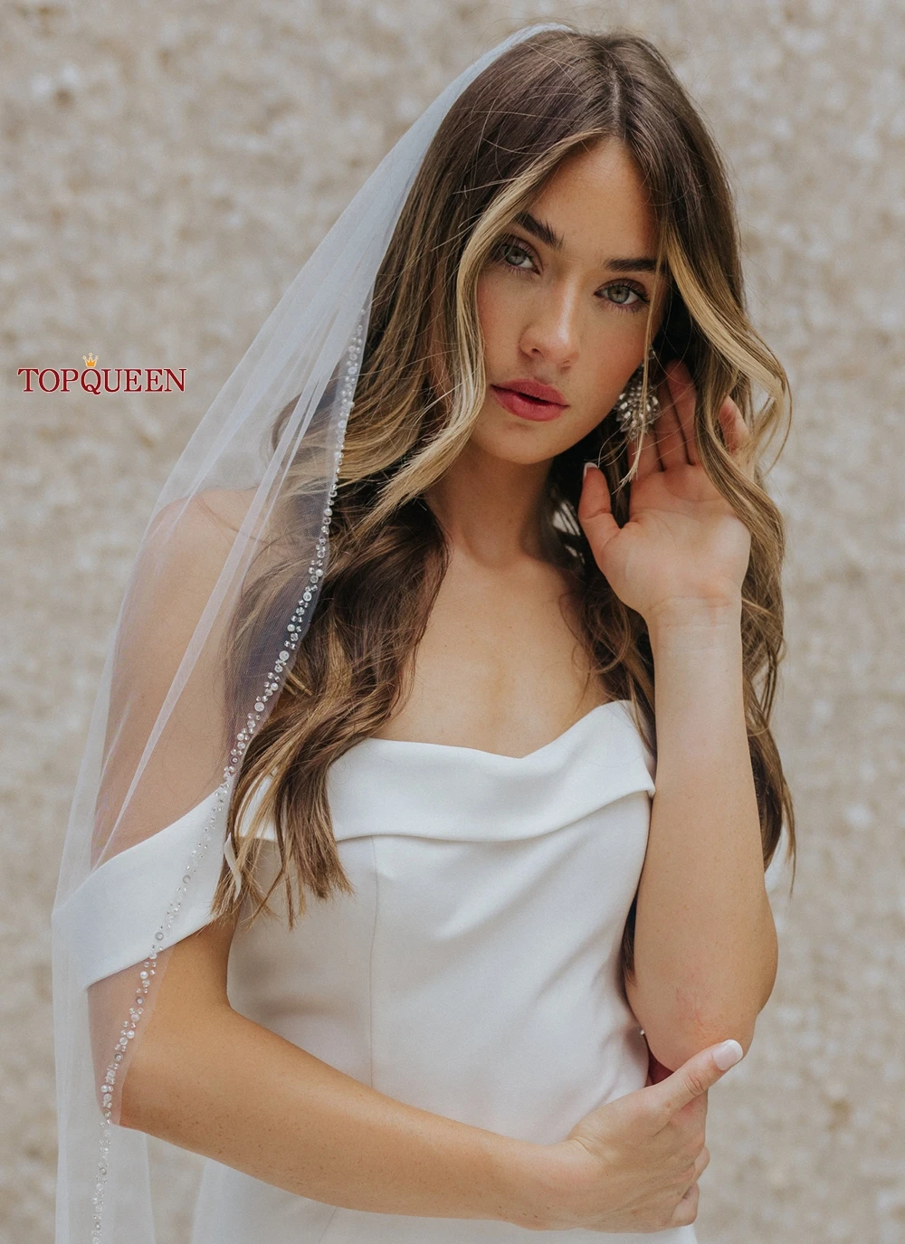 TOPQUEEN V128 ブライダルウェディングベール クリスタルビーズエッジ ブライダルベール ロング クリスタルエッジ付き ウェディングアクセサリー カスタマイズ可能
