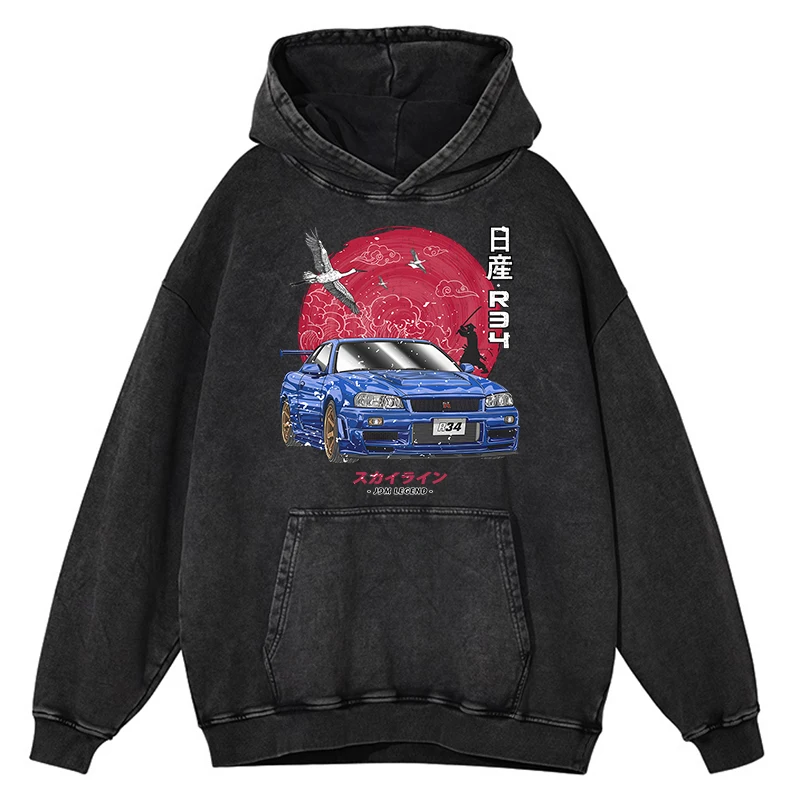 Hoodie Gtr R34 mobil balap Jepang, Sweatshirt kasual longgar 100% katun, Hoodie ukuran besar, Hoodie model Retro Distressed Wash awal