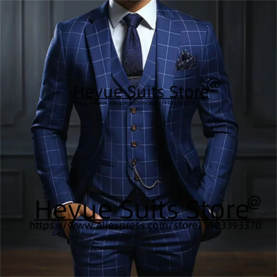 Customized Navy Blue Plaid Men Suits Business Male Blazers Slim Fit Notched Lapel Groom Tuxedos 3 Pcs Sets Handsome Ropa Hombre