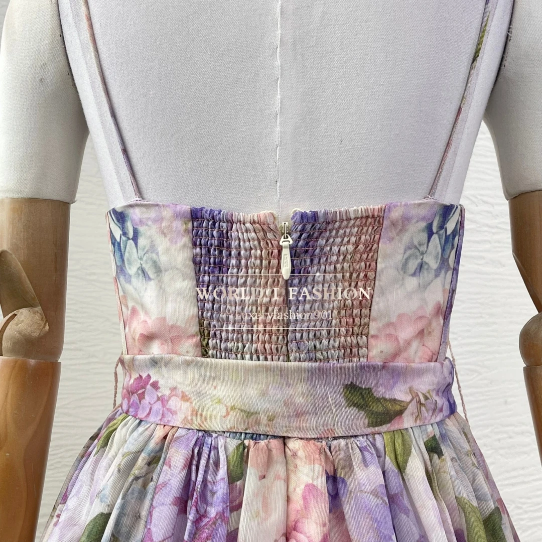 2025 nuevo vestido Midi Vintage de lino y seda de alta calidad sin mangas con estampado Floral de colores mezclados con cordones para mujer