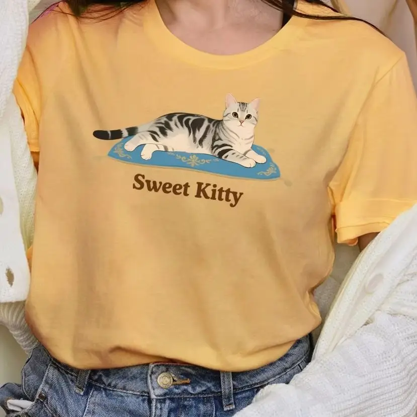 

Y2K Women‘s Clothes Cotton Casual T-Shirt Crew Neck Graphic Tees Street Wear Colorful Cute Cartoon Cat On The Carpet Sweet