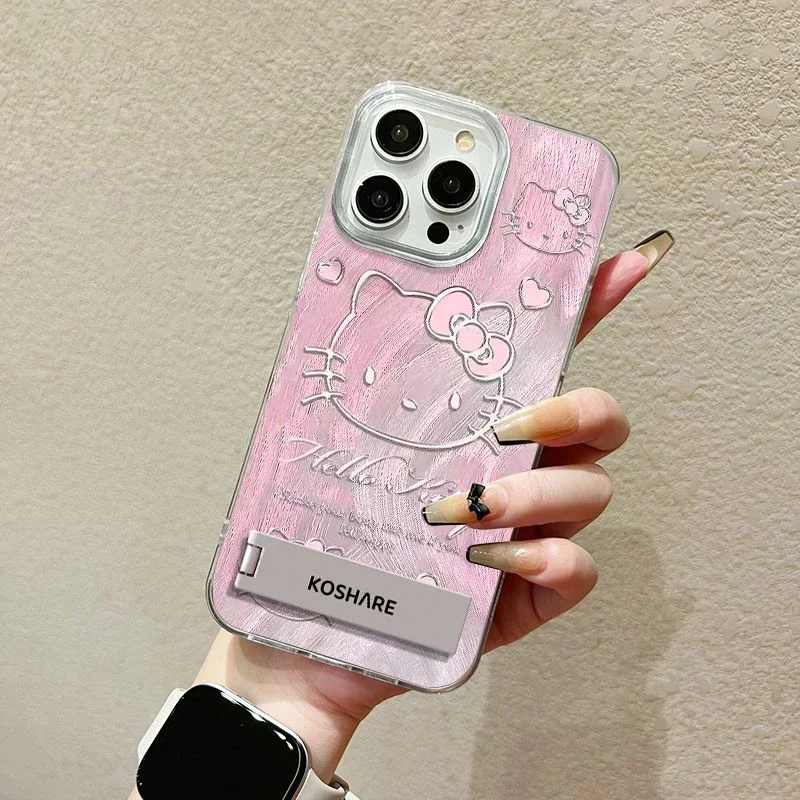 Original Pink Hello Kitty Phone Case for Samsung Galaxy S24 S23 Ultra Plus 5G S21 FE Feather Texture Cover with Holder