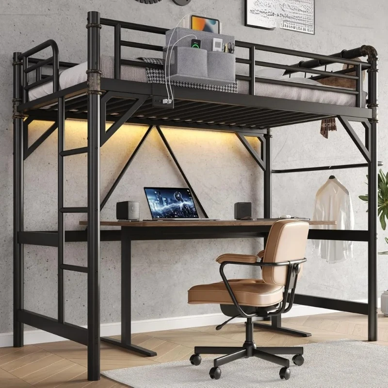 twin size loft bed with led lights and charging station, industrial heavy duty metal loft bed frame with ladder and guardrail fo