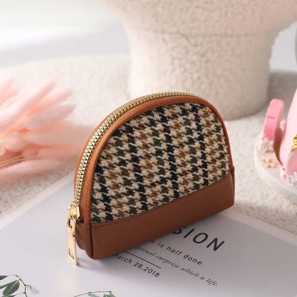 

Temperamental Small Double Layers Zipper with Key Chain Houndstooth Canvas Leather Bag Women Coin Purse Card Holders Wallet